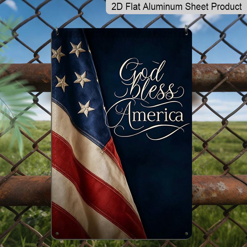 2D Flat "God Bless America" Patriotic Metal Sign, 8×12 Inch Aluminum Wall Art, Vintage American Flag Design, Durable Decor for Memorial Day