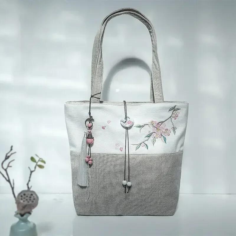 

Women s Embroidered Tote Bag Shoulder Bag with Flower Grass Pattern Art Retro Canvas Tassels Chinese Style Shoulder Handbag