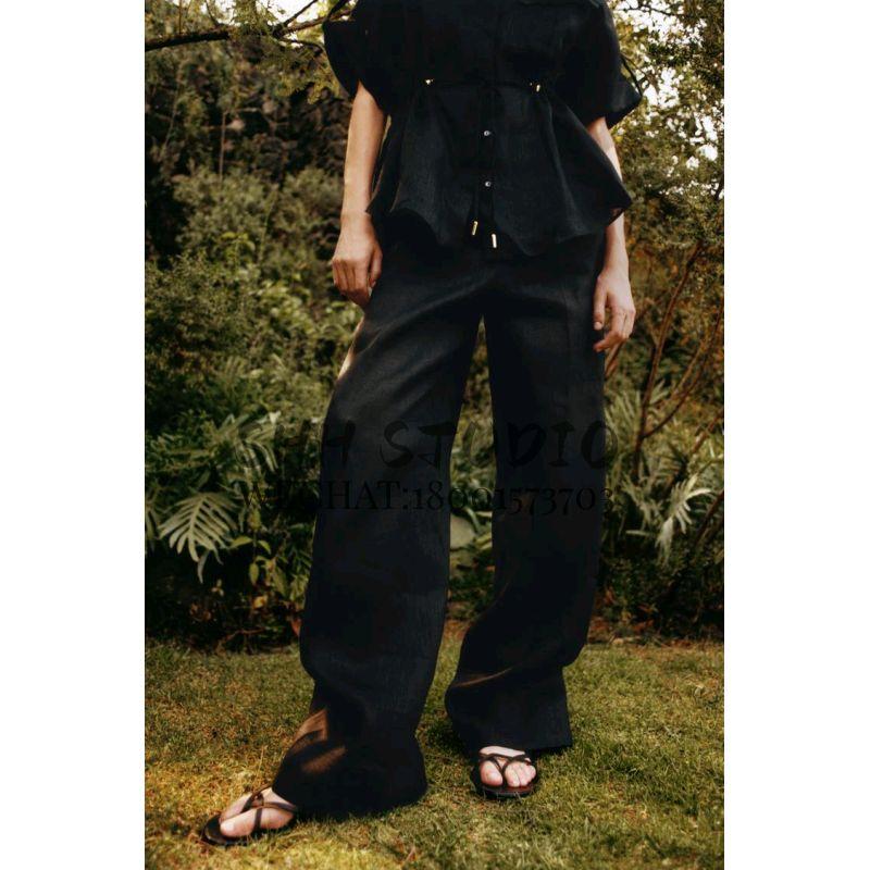 Spring Xinya Hemp Blend Adjustable Waist Shirts 3436707 3226707 Straight Pants 3454707