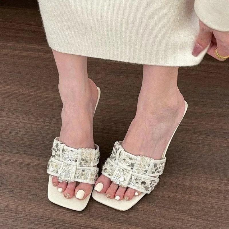 Women's Slippers Fashion Open Toe Braided Women's Shoes 2025 Summer New Casual Print Designer Beach Women's Stiletto High Heels