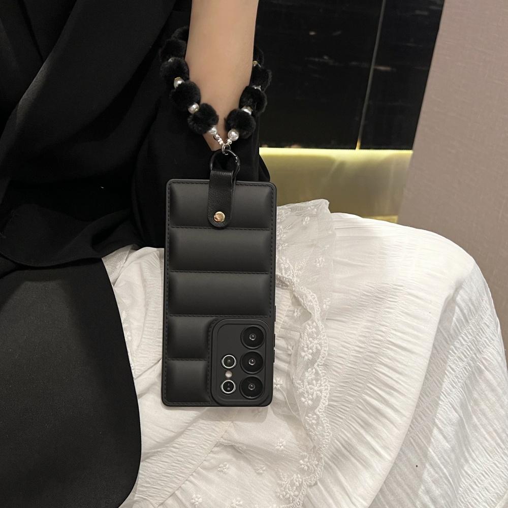 Pearl Wrist Chain Down Jacket Case for Samsung Galaxy S2 S26 Ultra S24 S23 Plus S22 S21 FE A A16 A6 Lanyard Cover