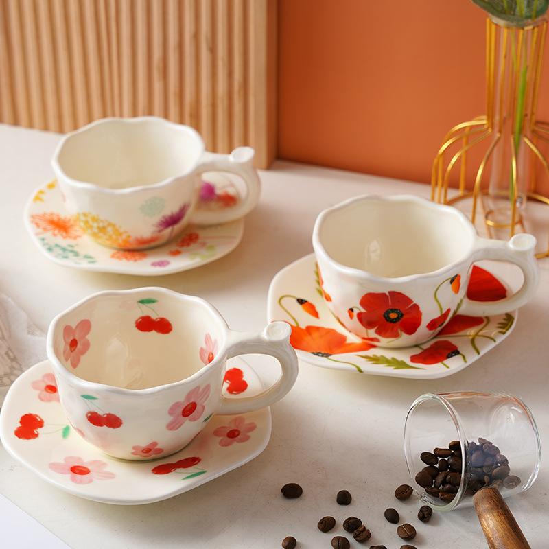 Exquisite Hand-painted Flower Ceramic Cup and Plate Set, Cute Coffee Mug, Office Breakfast Oat Milk Cups, Couple Christmas Gift