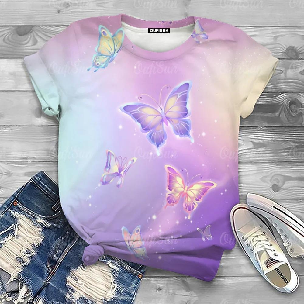 Summer Round Neck 3D Butterfly Print T-shirts Fashionable Casual Short Sleeved Women's T-shirts