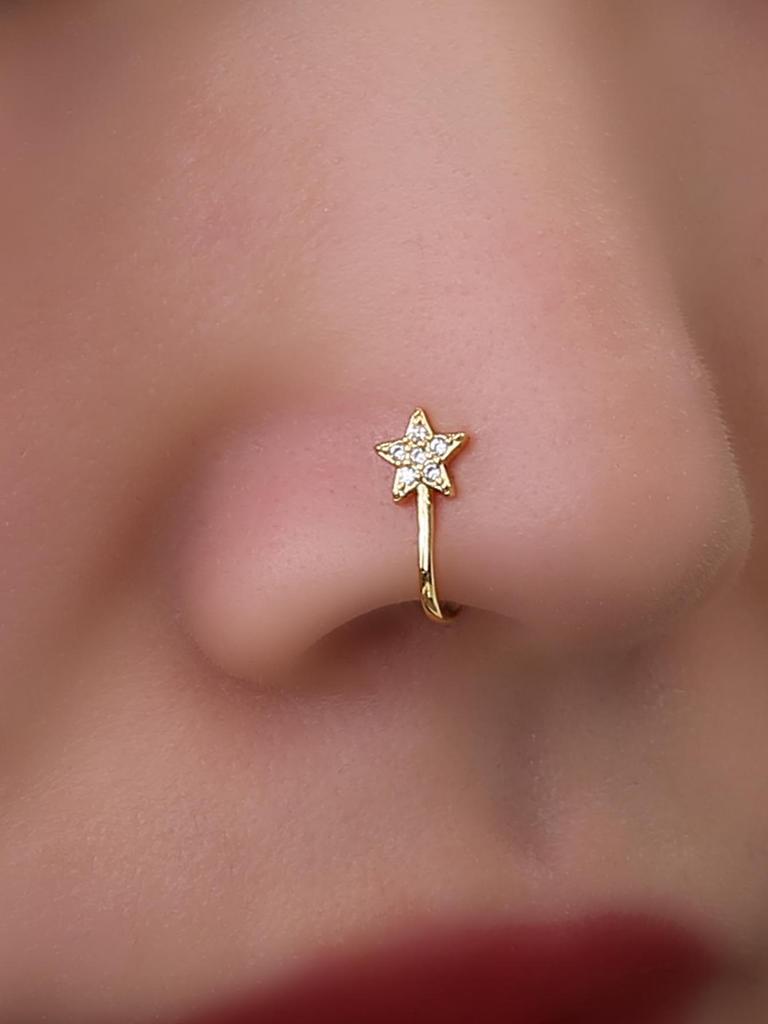 European & American Snake-shaped Copper Nose Ring with Inlaid Diamonds and Butterfly Design