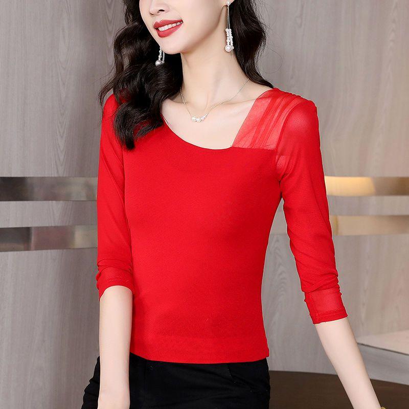 Elegant Fashion Casual Autumn Winter Square Collar Asymmetrical T-Shirts Skinny Solid Patchwork Pullovers Gauze Women's Clothing