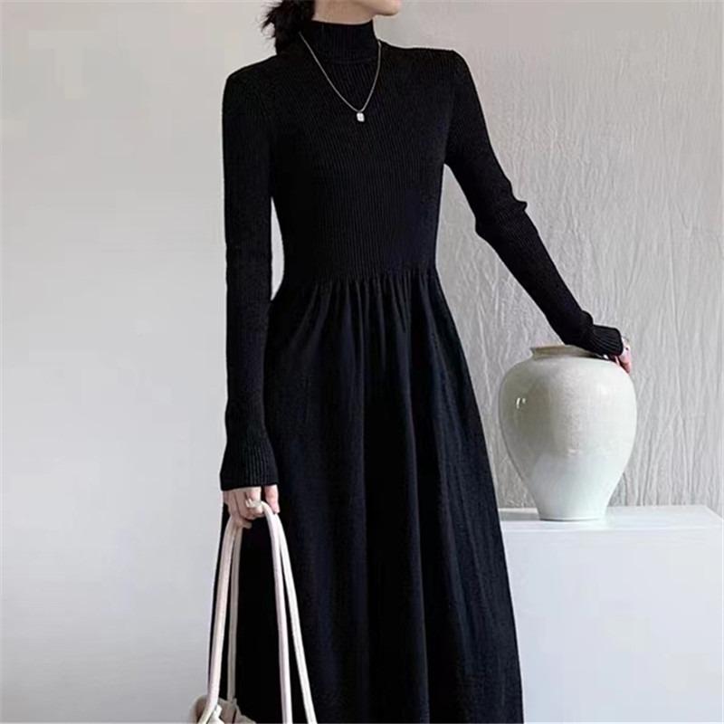 

Модный и тонкий с базовым пальто и внутренним платьем женский осенне-зимний новый вязаный свитер длинное платье one size fits all чёрный