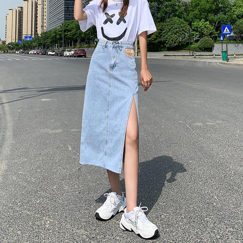 Black High Waist A-Line Denim Skirt with Side Slit - Trendy Summer Fashion for Women