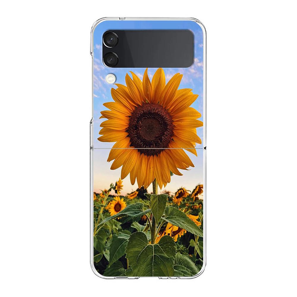 Phone Case For Samsung Galaxy Z Flip 3 4 5 Hard Folding Clear PC For Samsung Z Flip 6 Back Cover Beautiful Yellow Sunflower