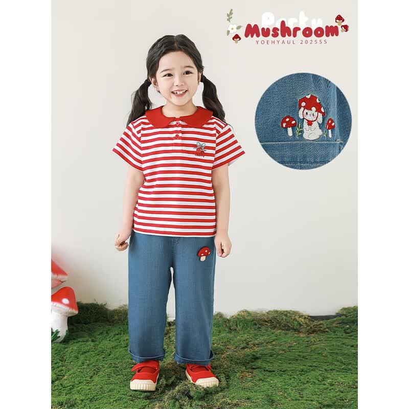 YouYou Girls' Mushroom Embroidered Loose Summer Denim Pants