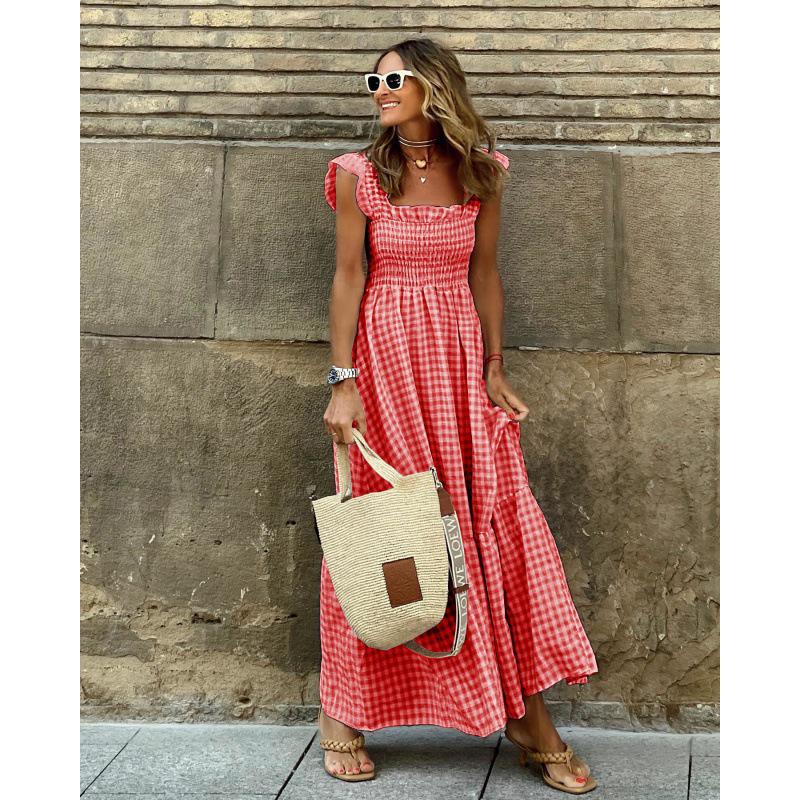 2025 Summer Women's Patchwork Plaid Spaghetti Strap Swing Dress