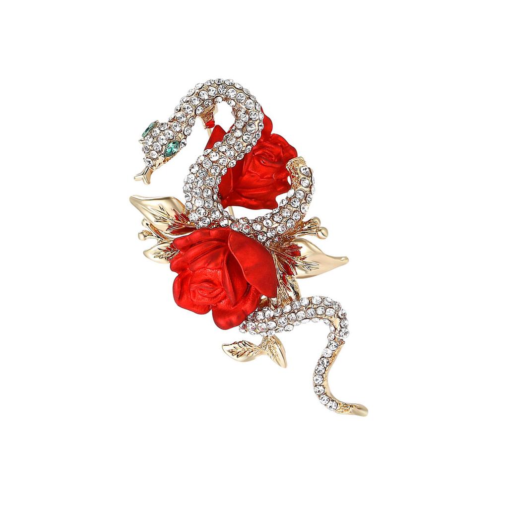 Enamel Rose and Snake Brooch with Rhinestones for Women Elegant Designs Lapel Pin for Business and Social Events