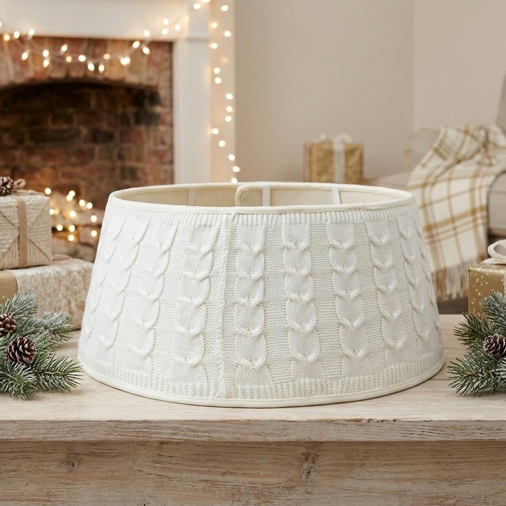 White Knit Fabric Tree Skirt with Balanced Diameter and Proportional Height Coverage for Standard Tree Trunk Areas