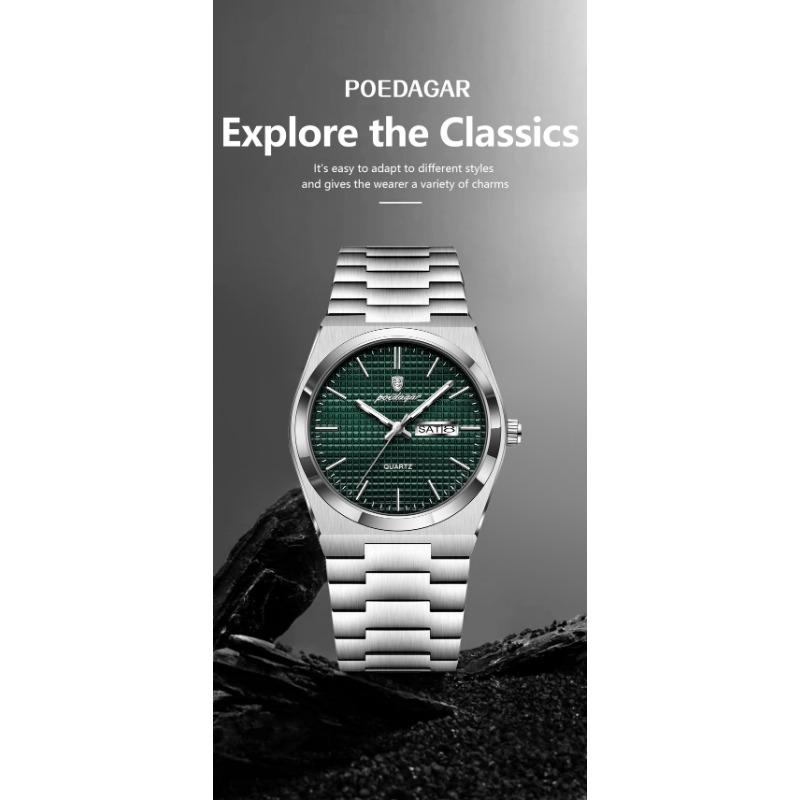 POEDAGAR Luxury Business Men's Quartz Watches Date Week Man Stainless Steel Watch Waterproof Luminous Fashion Wristwatch+Box