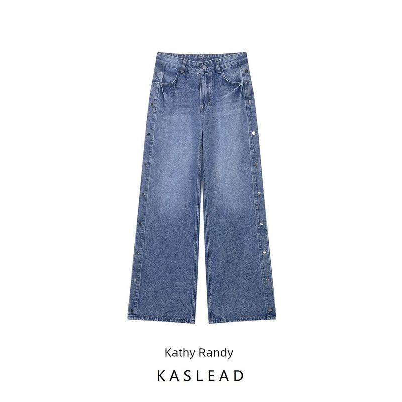 Kaslead New Women clothes Western Style Fashion High Waist Loose Button Detail Straight Pants Jeans