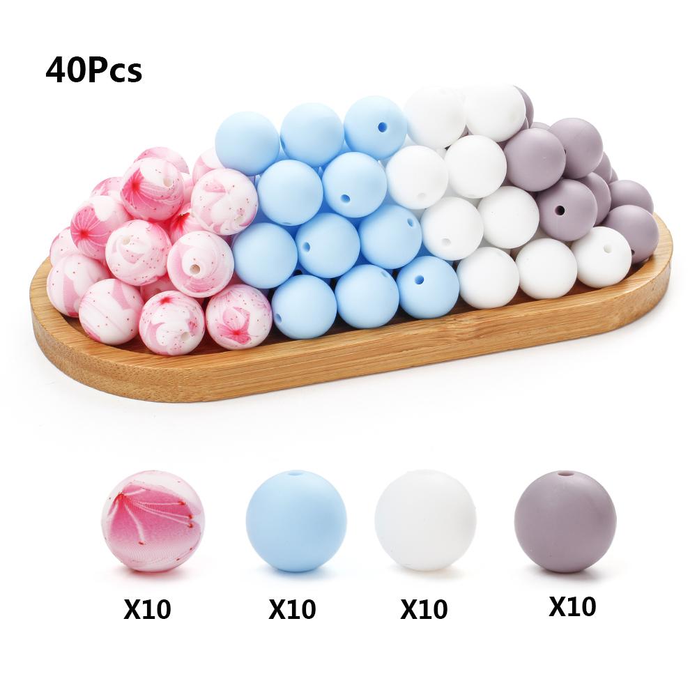 

15mm 40Pcs Silicone Beads Pacifier Chain Teething Toy BPA Free Chewable Teething Beads Pacifier Teether DIY Necklace Accessories сірий колір
