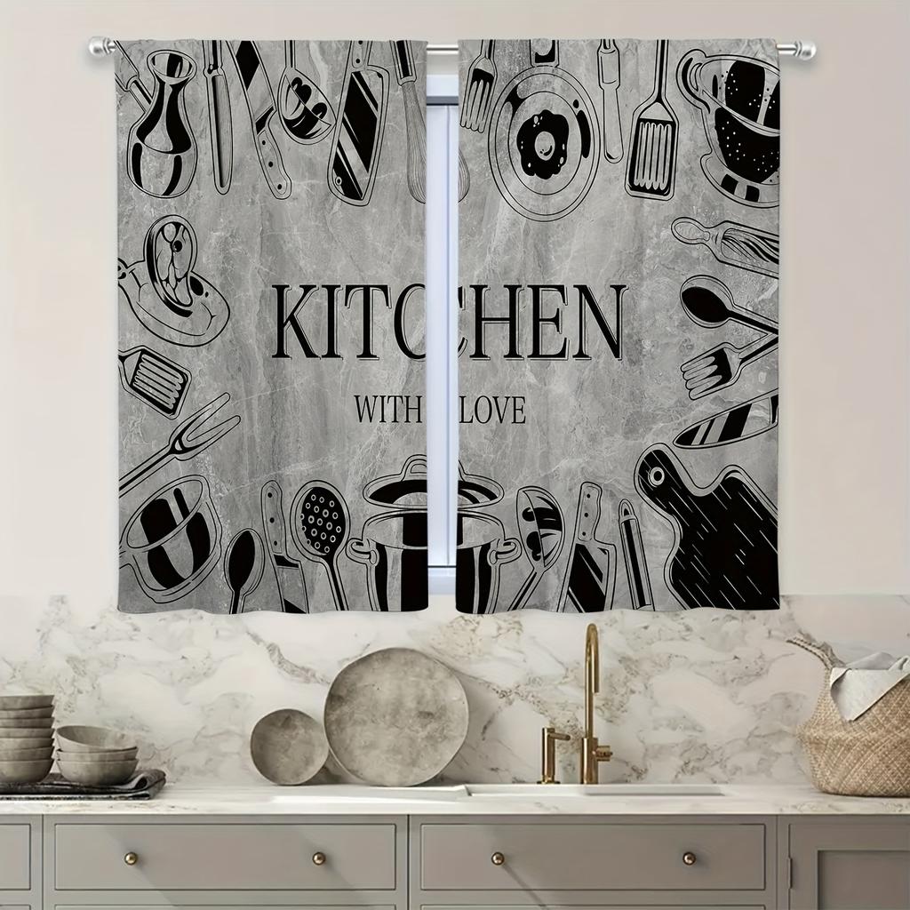 2Panel Kitchen Curtains Coffee Spoon Vegetable Print Curtains for Kitchen Window Short Curtains Rod Pocket cortinas para cocina