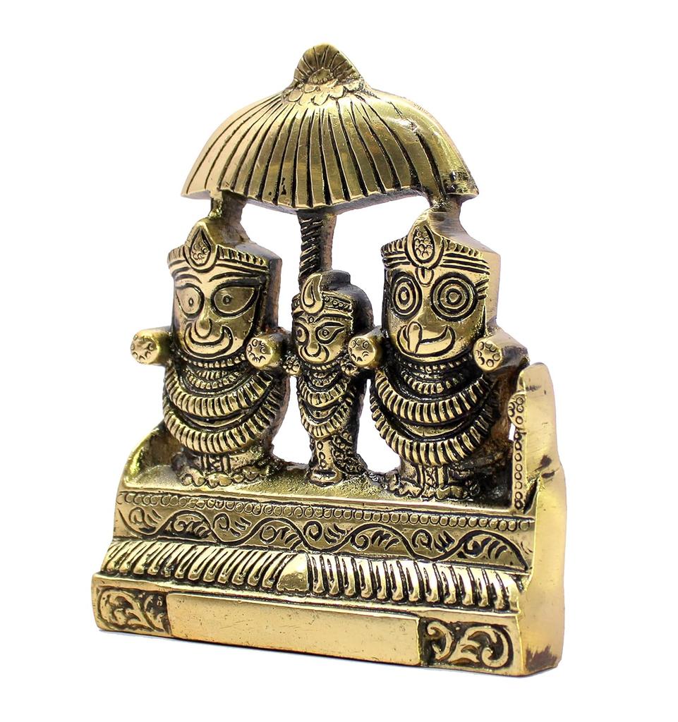 Pure Brass Jagannath Balram & Subhadra Maa Idol, Golden, Sculpture - 5.25 Inch