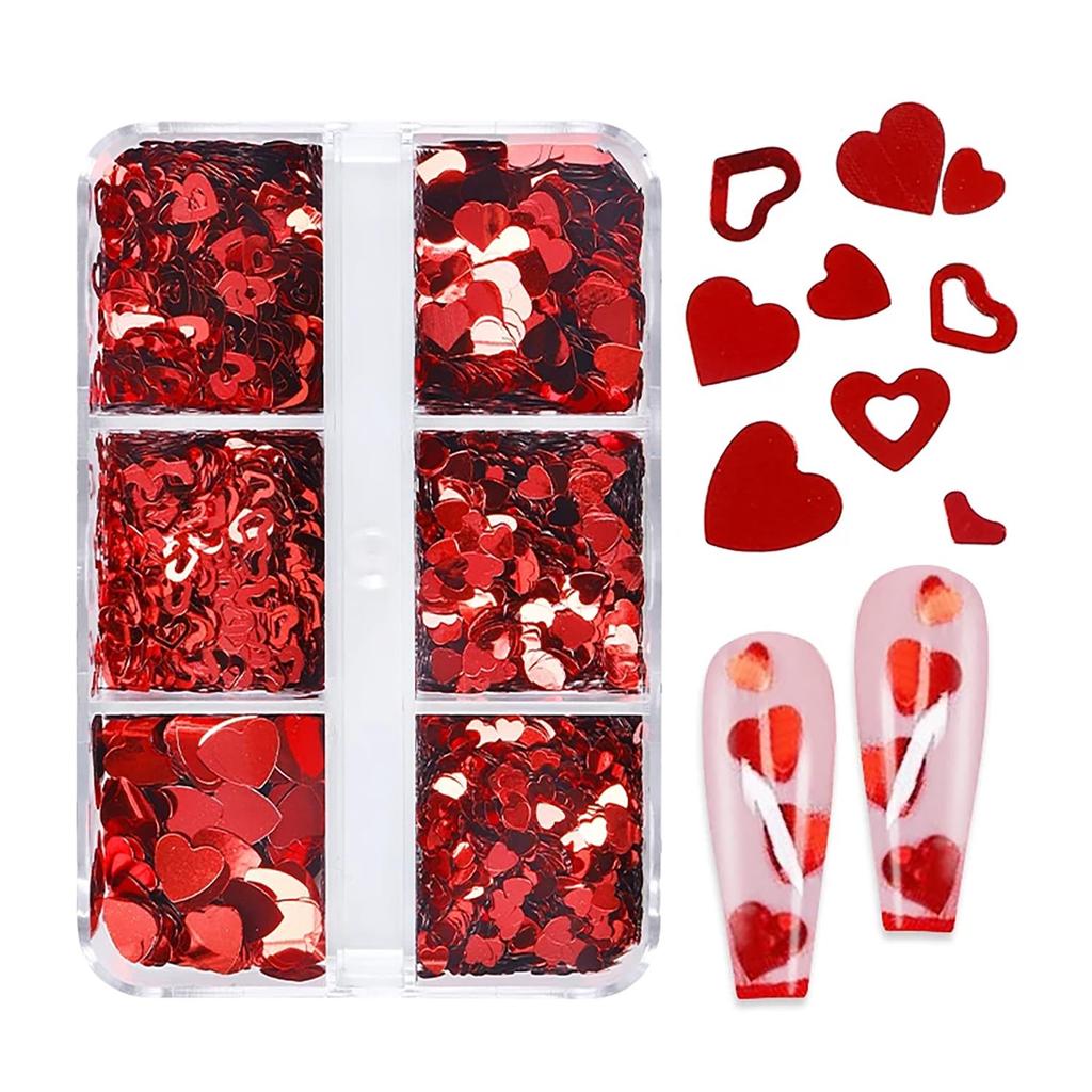 Valentine’s Day Nail Glitters Red Heart Nail Art Sequins 3D Holographic Hollow Heart Love Nail Flakes Glitter Powder 6 Grids Heart Sparkly for