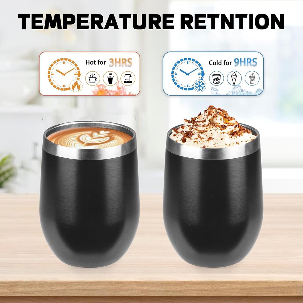 12oz Wine Tumbler with Lid, Stainless Steel Travel Mugs Stemless Double Wall Insulated Coffee Cup, Insulated Wine Glasses Travel