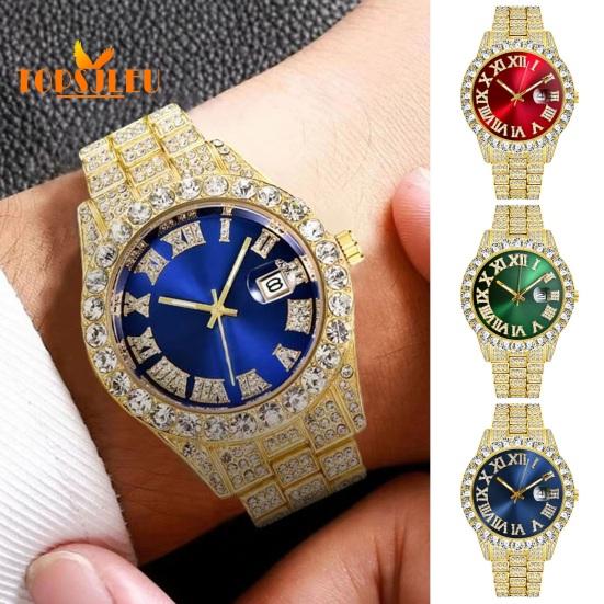 

Мужские часы со стразами в стиле хип-хоп: Нержавеющая сталь, круглый циферблат, кварцевый механизм, роскошный декор в тон — декоративные украшения для деловых наручных часов