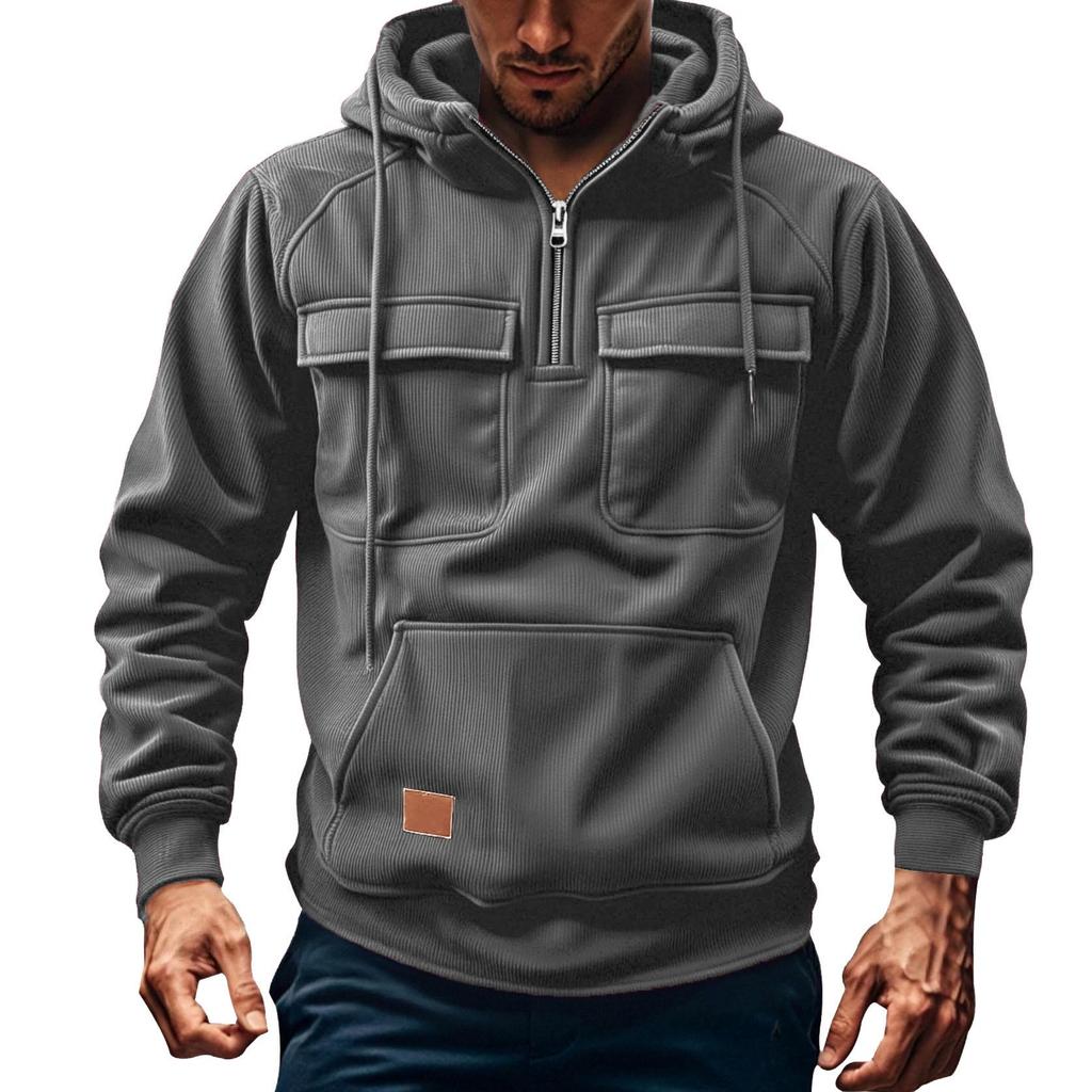 Men's Casual Multi-Pocket Zipper Hoodie - European Style for Autumn/Winter 2025