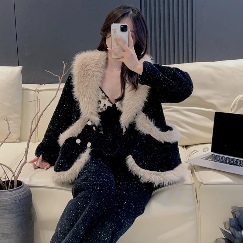 

2025 Женский сексуальный комплект пижамы с длинным рукавом из шу-хлопка, вельвета и фланели - Толстый теплый трехпредметный комплект с длинными брюками L