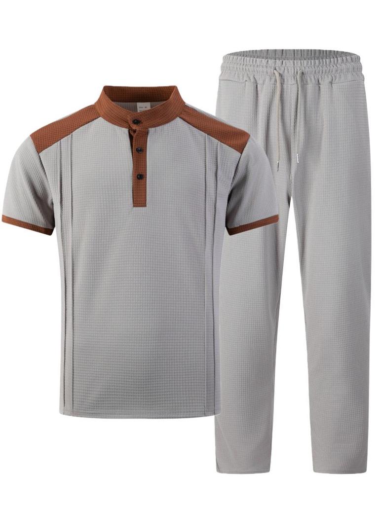 Men's Plaid Color Block Stand Collar Suit - Short Sleeve Shirt and Long Pants Set