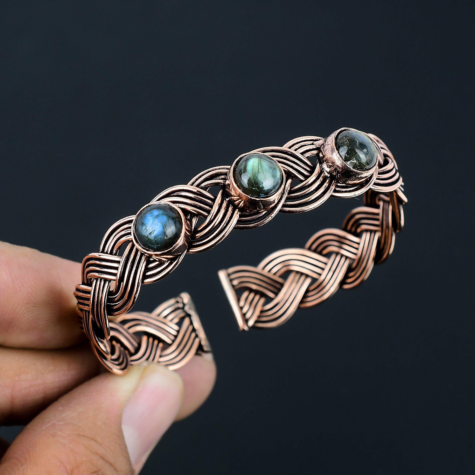 

Удивительный лабрадорит драгоценный камень ручной работы из чистой медной проволоки ювелирный браслет для женщин Adjustable синий