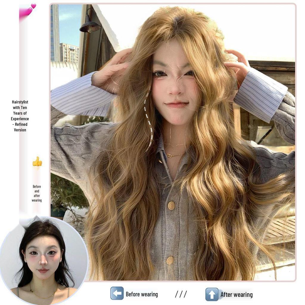 Natural Anti-Shedding Water Wave Long Curly Wig for Women, Linen Brown, Korean Style, Atmospheric Full Wig Cap