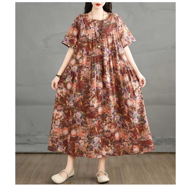 Summer Retro Cotton and Linen Round Neck Short Sleeved Dress, Women's Loose Skirt