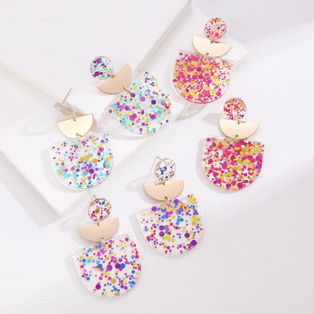 New Acrylic Color Shiny Stud Earrings Retro Color Matching Square Round Earrings Geometric Circle Sequin Earrings