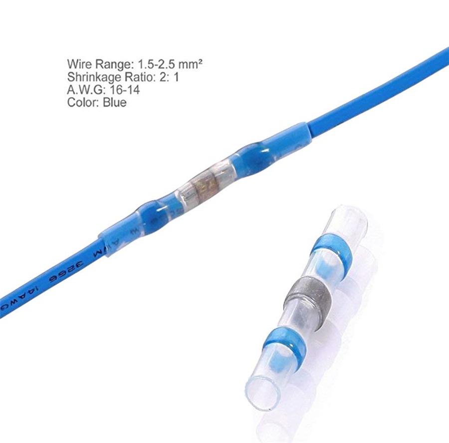 100 Pcs Blue Waterproof Car SUV Solder Sleeve Heat Shrink Terminals Kit 16-14AWG