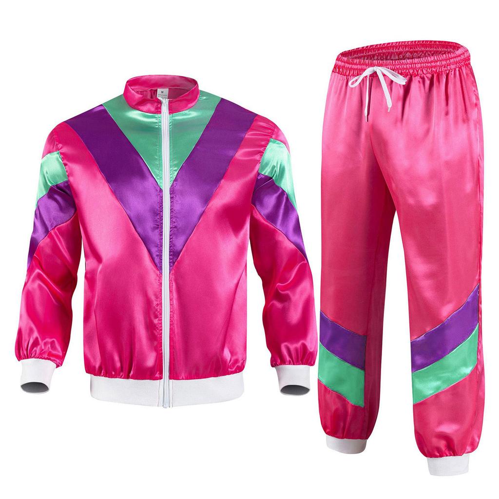 Womens 80s Theme Party Tracksuit Color Block Satin Sports Set Stand Collar Long Sleeve Zipper Jacket Drawstring Sweatpants