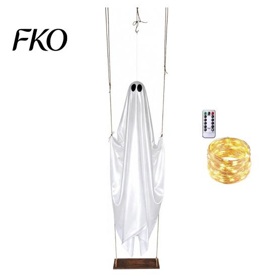 Holiday Garden Decor Hanging Swinging Ghost Halloween Decoration, LED Light Up Large Spooky Funny Yard Art with Remote Control for Outside Porch Tree,