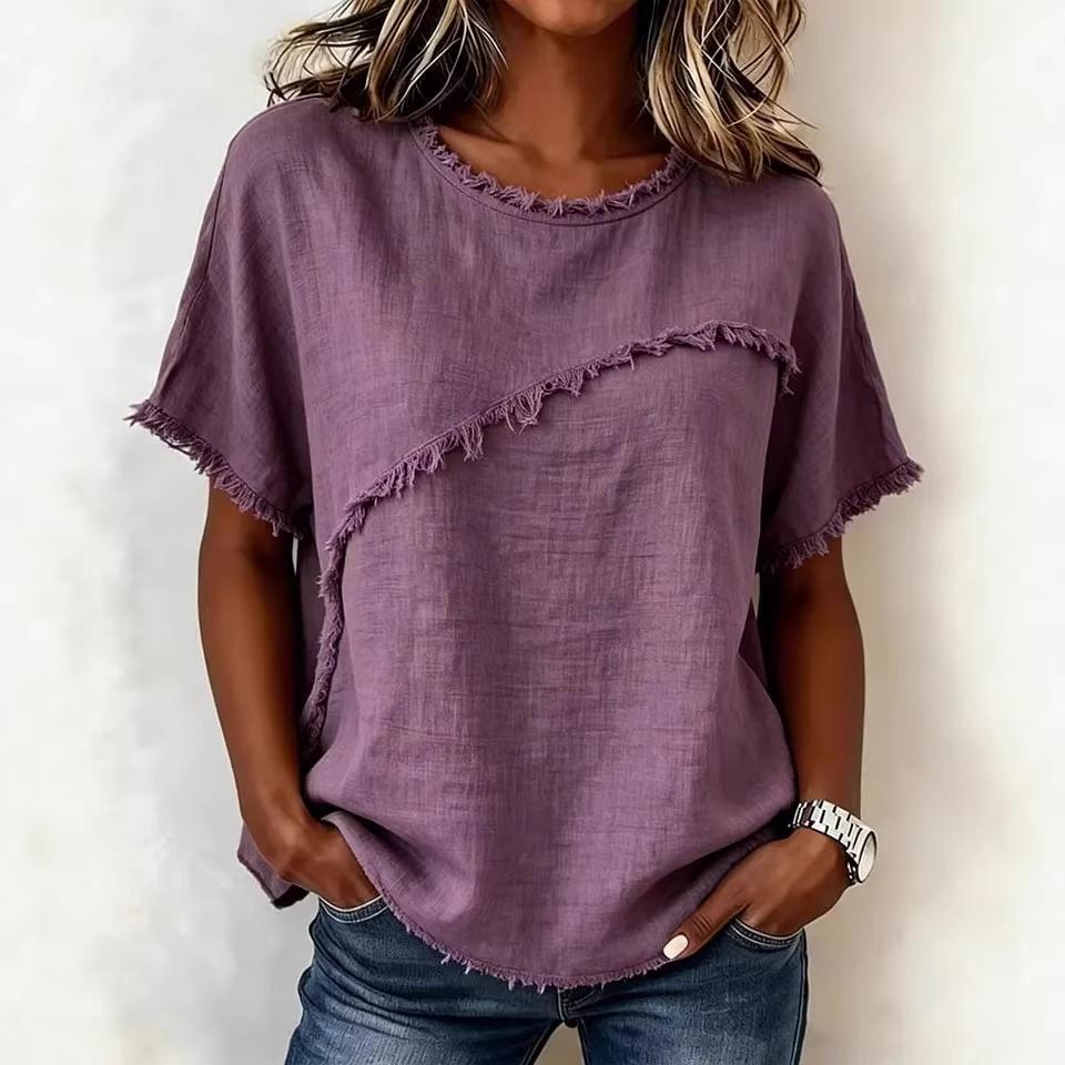 Women Loose Fit Short Sleeve Round Neck T-shirt with Distressed Raw Edge Seam Multi Colors