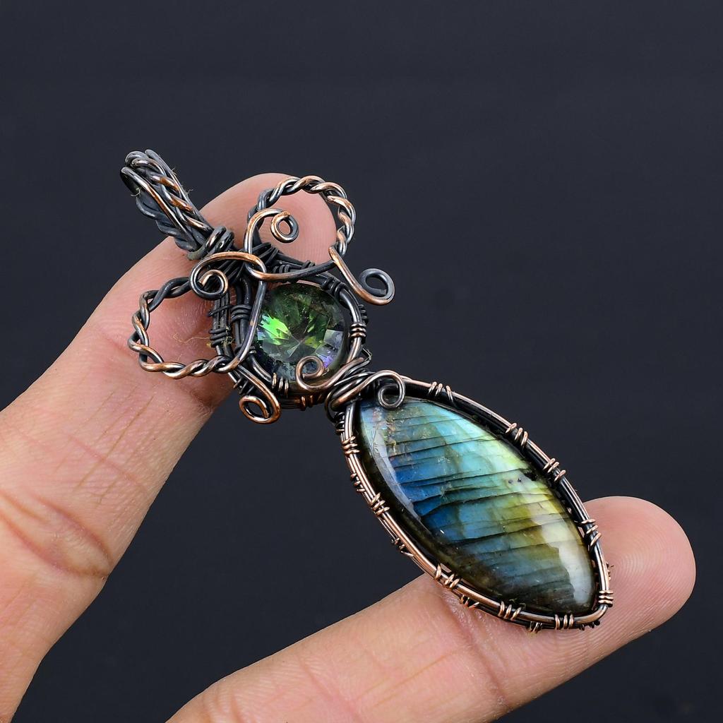 Labradorite & Mystic Topaz Pendant, Handmade Gemstone 999 Copper Wire Wrapped Pendant Antique Jewelry, For Gift Silver Jewelry