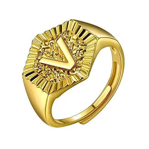 Hexagon Surface 3D Embossed A-Z Initial Letter Rings for Man Woman Adjustable Size A-Z 14k Gold Color Family Signet Jewelry