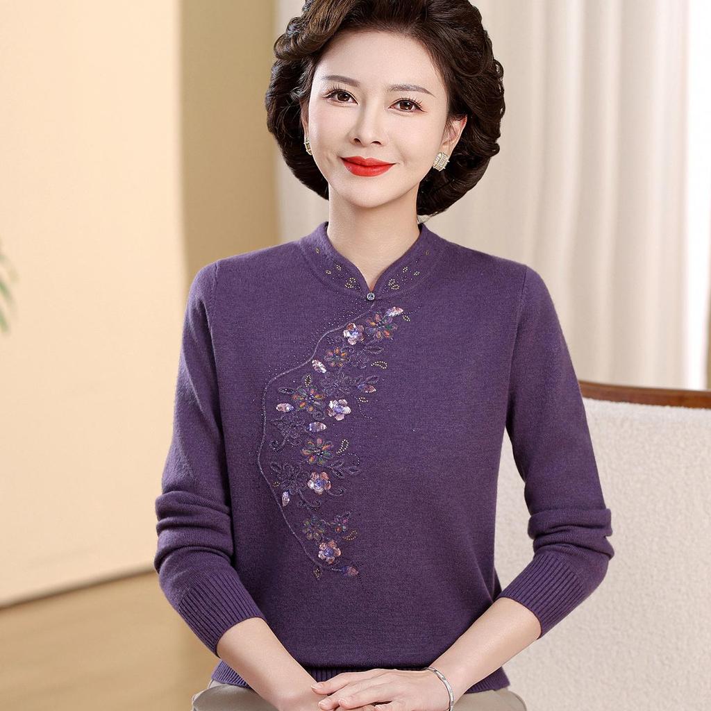 New Chinese Style Warm Fleece-Lined Qipao Collar Sweater for Middle-Aged & Elderly Women