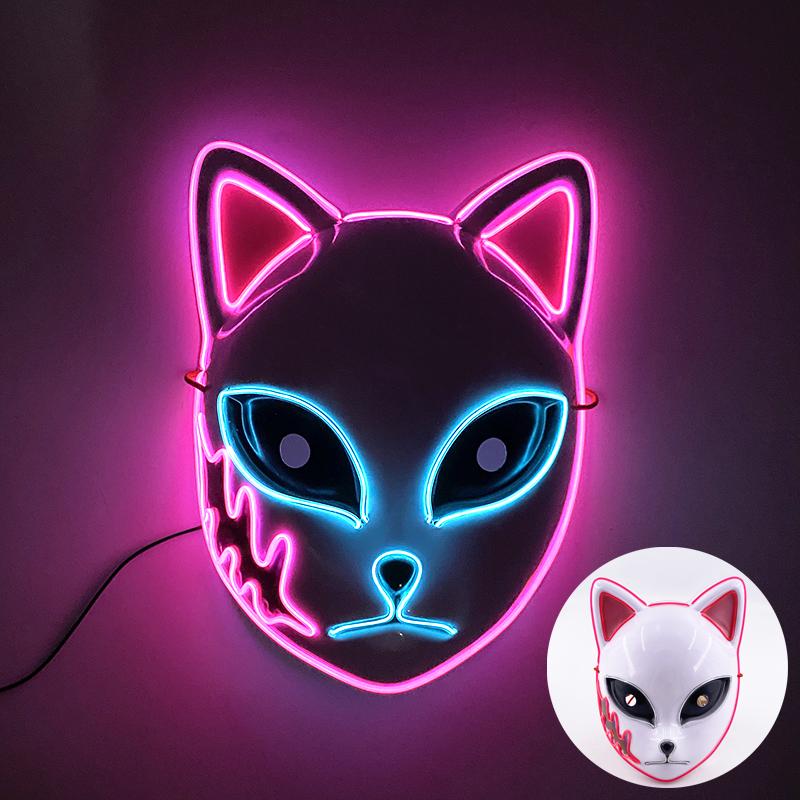 Glowing Fox Masks Masquerade Party Cosplay Prop Cosplay Fox Masks Sabito Mask Japanese Mask LED Light Up Demon Slayer Mask