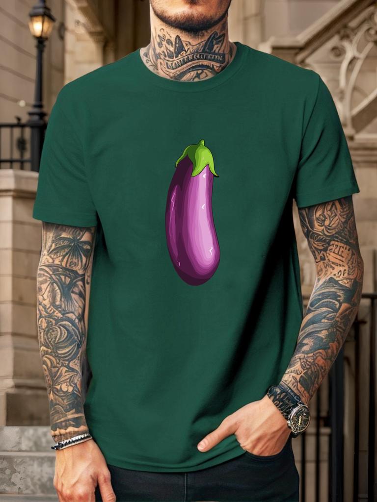 Unisex Navy Crew Neck Tee Single Vivid Purple Eggplant Cartoon Graphic Fresh Vegetable Vegan Farm Style Soft Cotton Casual Top