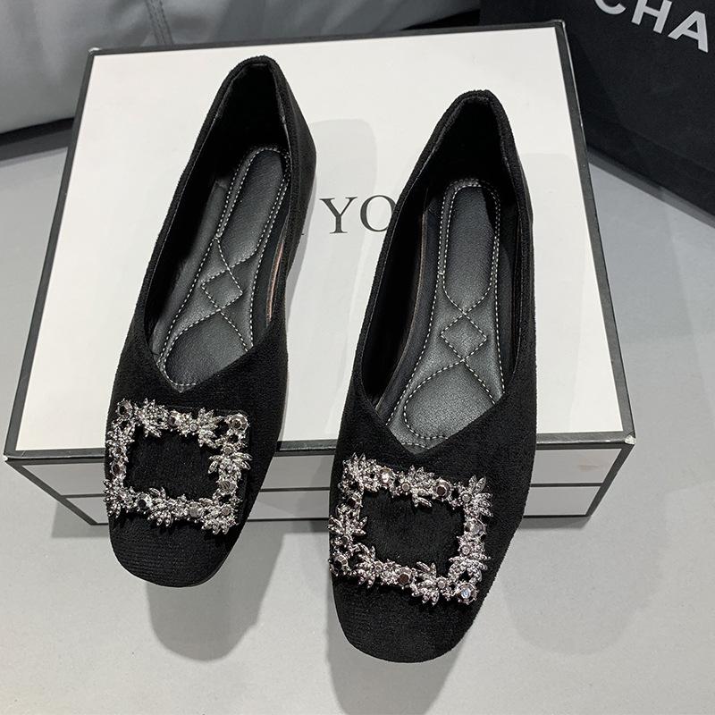 Rhinestone shoes spring and autumn square head shallow mouth flat bottom comfortable single shoes women