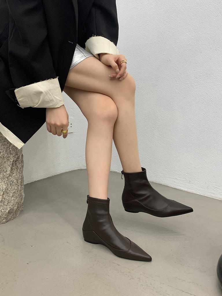 fashion Pointed Toe Women Boots Woman Wedge Heeled Back Zipper Sock Stretch Boots For Woman Fashion Dress Low Heel Size 35-39 Short Boot