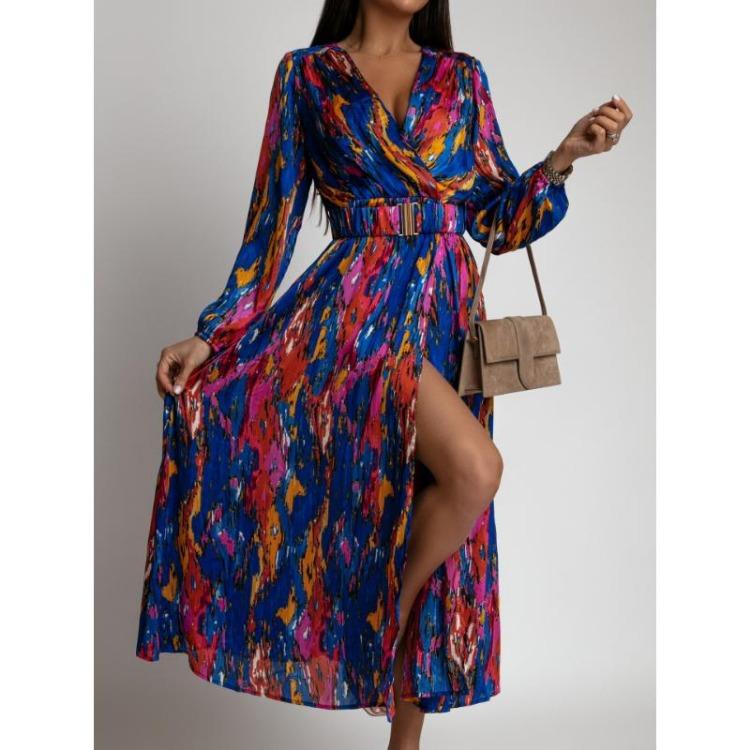 Boho Floral Print Long Dress Elegant Deep V Neck Long Sleeve High Split Swing Dress with Belt Women Beach Dresses Sexy