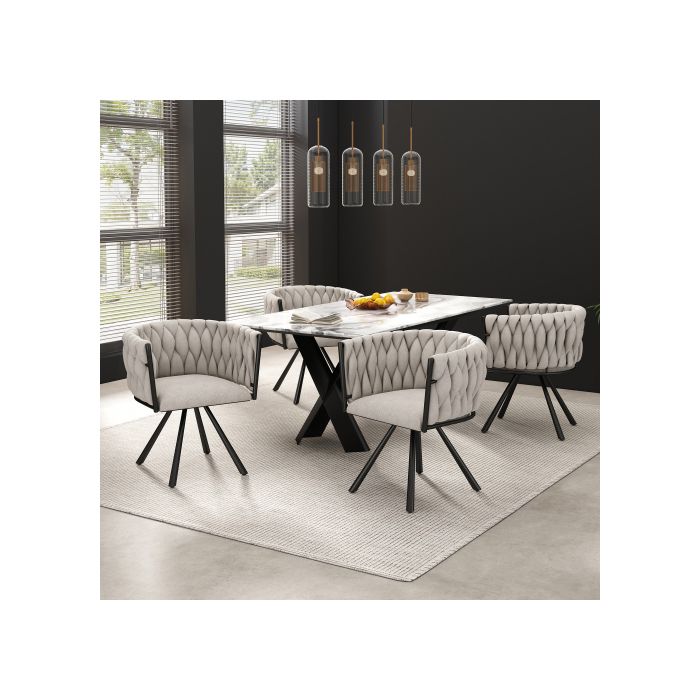 Chaises de salle à manger en lin, ensemble de 6, avec quatre pieds en métal, tissu de lin beige et noir
