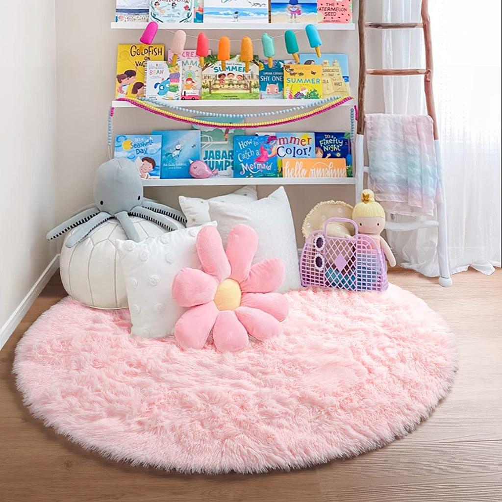 100/120/140/160 Round Rug Fluffy Soft Area Rugs for Kids Girls Room Princess Castle Plush Shag Carpet Cute Circle Bedroom Decor