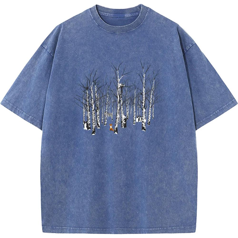 Men Outdoor Forest Animal Conference Short-Sleeved Washed T-Shirt 230g Cotton Bleached Tshirt Tops Fashion Loose Bleach T shirt