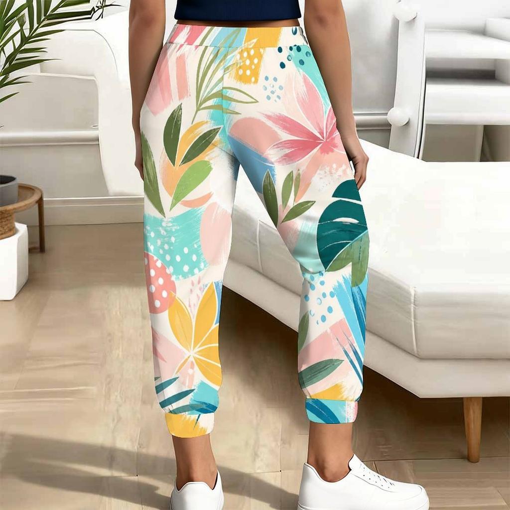 Women Plus Size Colorful Printed Jogger Pants Drawstring Waist Side Pockets Cuffed Ankle