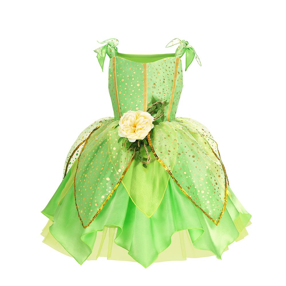 Kids Girl Cosplay Bell Costume Halloween Role Playing Green Dress Fancy Fairy Princess Cosplay Birthday Party Dresses Knee Lengt