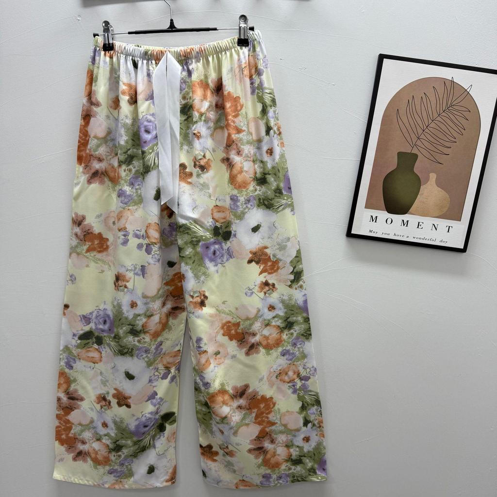 Damen-Blumen-Baumwoll-Seiden-Pyjama - Große Größen, Sommer, Leicht, Für draußen, Gerades Bein, Lockerer Schnitt