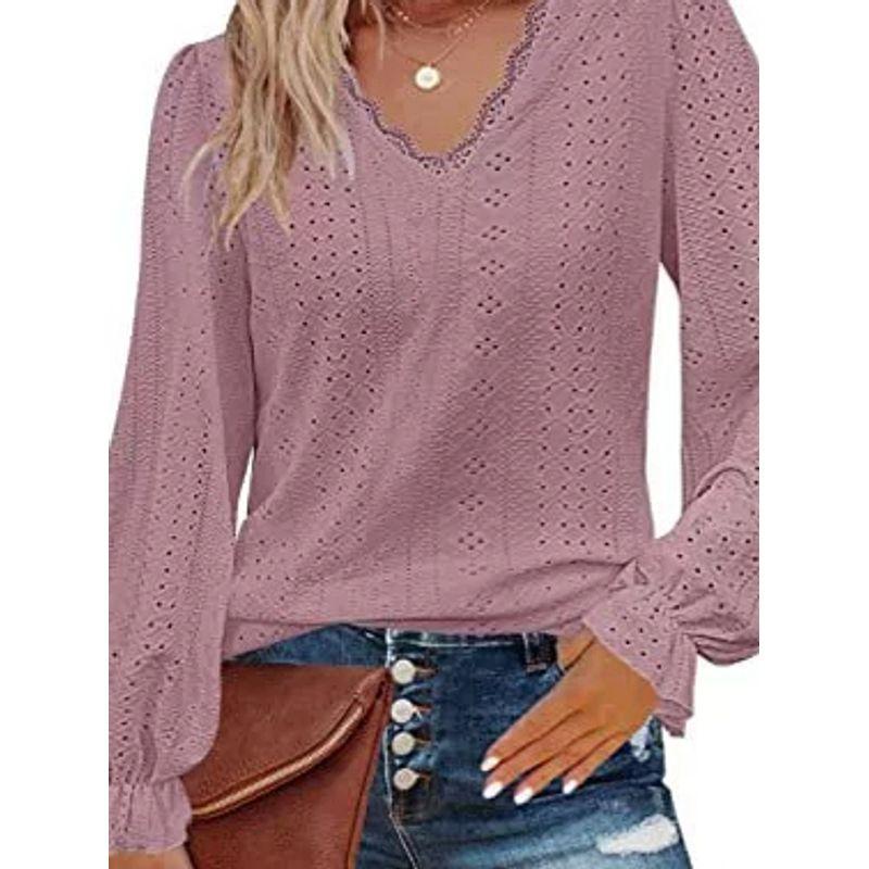 Loose Cutout V-neck Long-Sleeved Top European and American Loose Hollow out V-neck Long sleeve Top